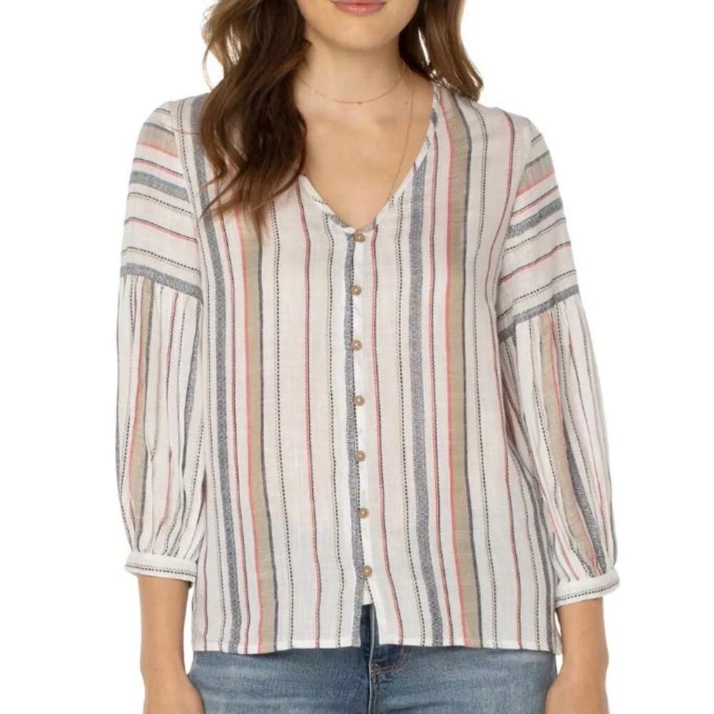 Liverpool Multicolor Striped Button Front Peasant Top Puff Sleeves XS